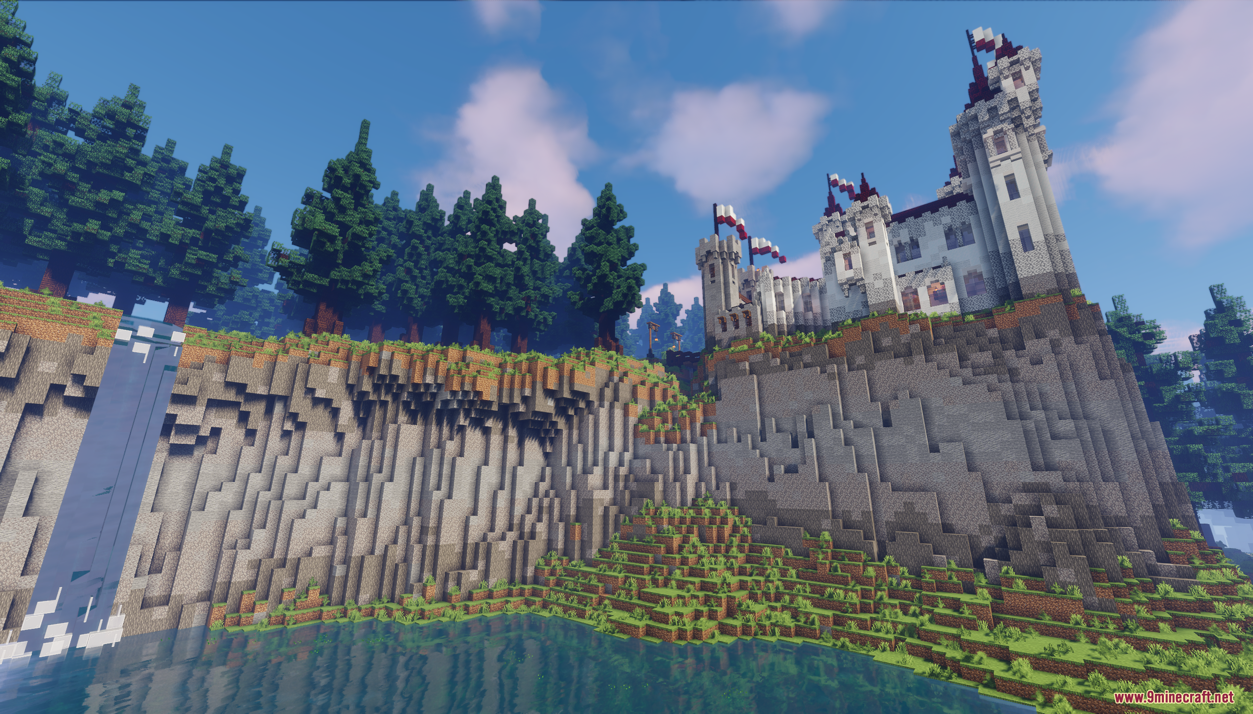 A white diorite castle built on a tall cliffside