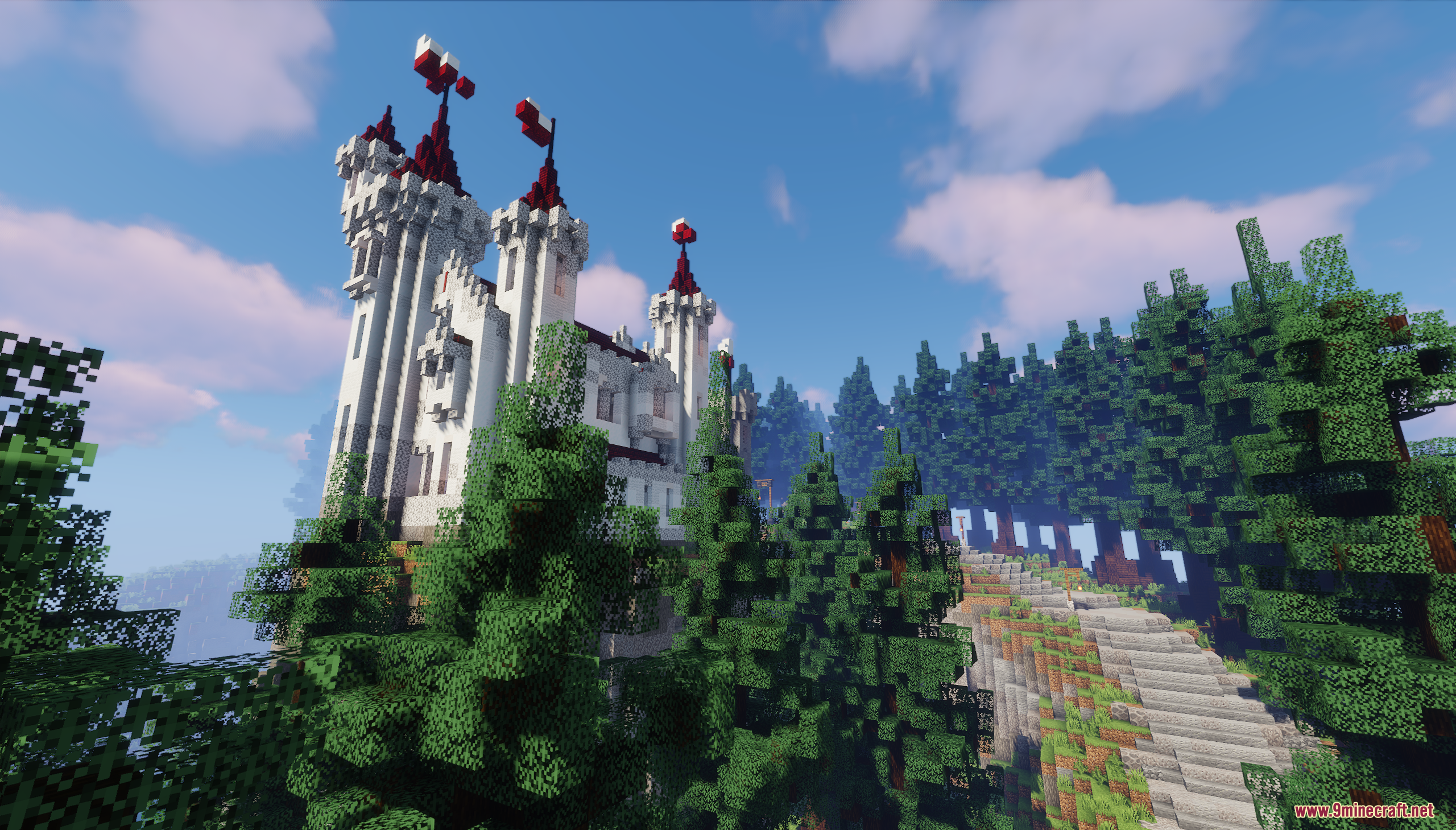 A white diorite castle with red towers in a forest