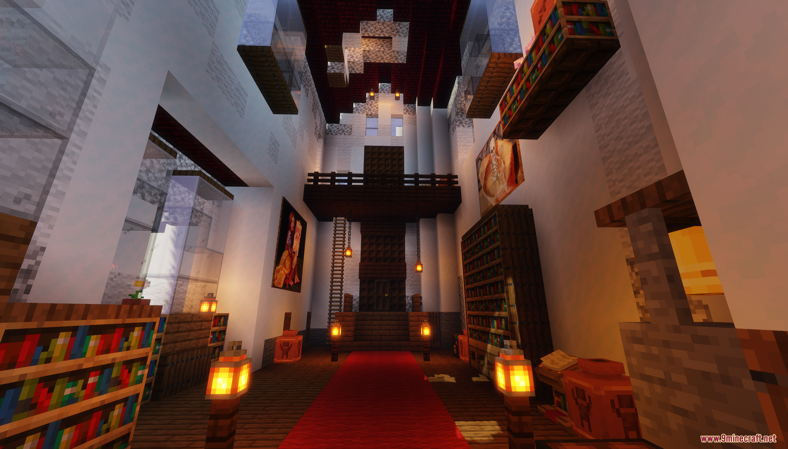 A castle library and hall with tall ceilings and bookshelves