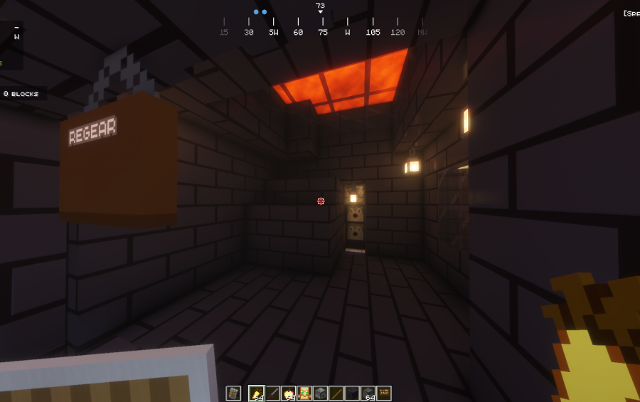 Donut Smp Stash and Regear Schematic Screenshots 1 Dark stone storage room interior with a regear sign and glowing orange ceiling