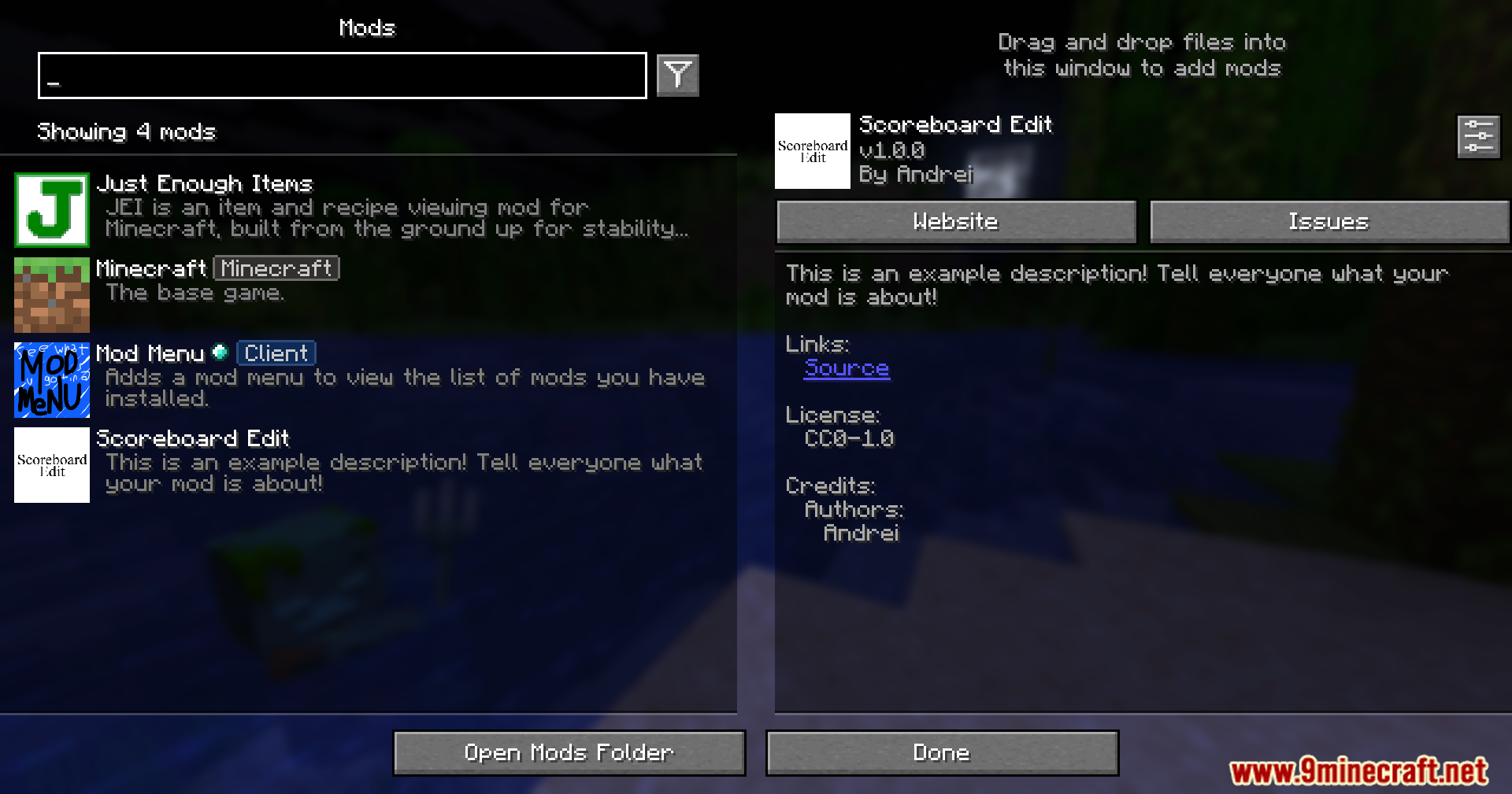 Viewing the Scoreboard Edit mod details inside the Minecraft mod menu interface