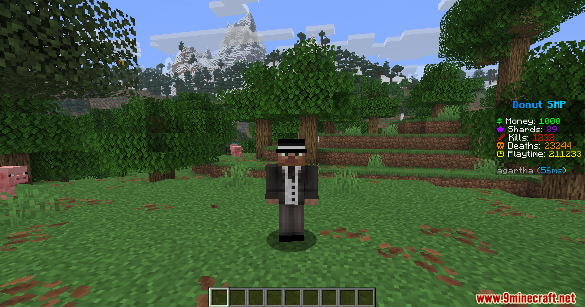 Player character in a forest biome with a customized server scoreboard displayed