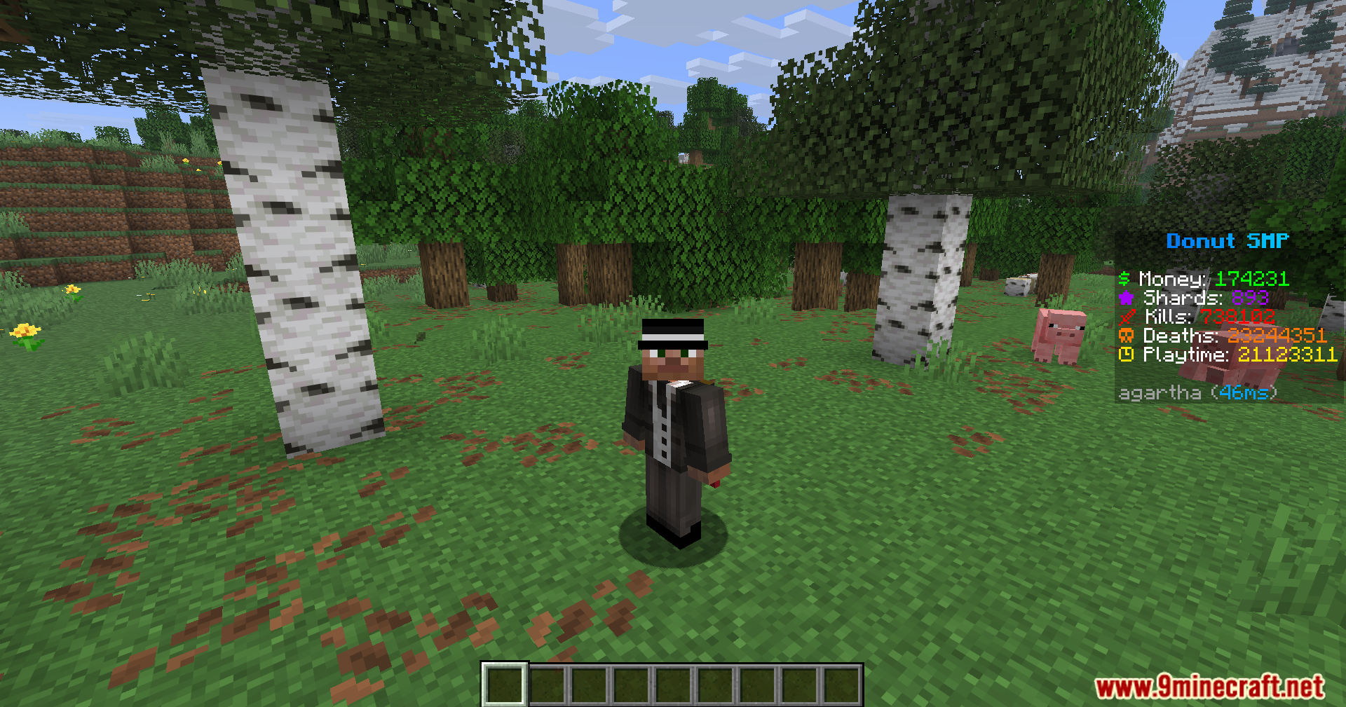Player character in a suit standing idle with a custom scoreboard visible