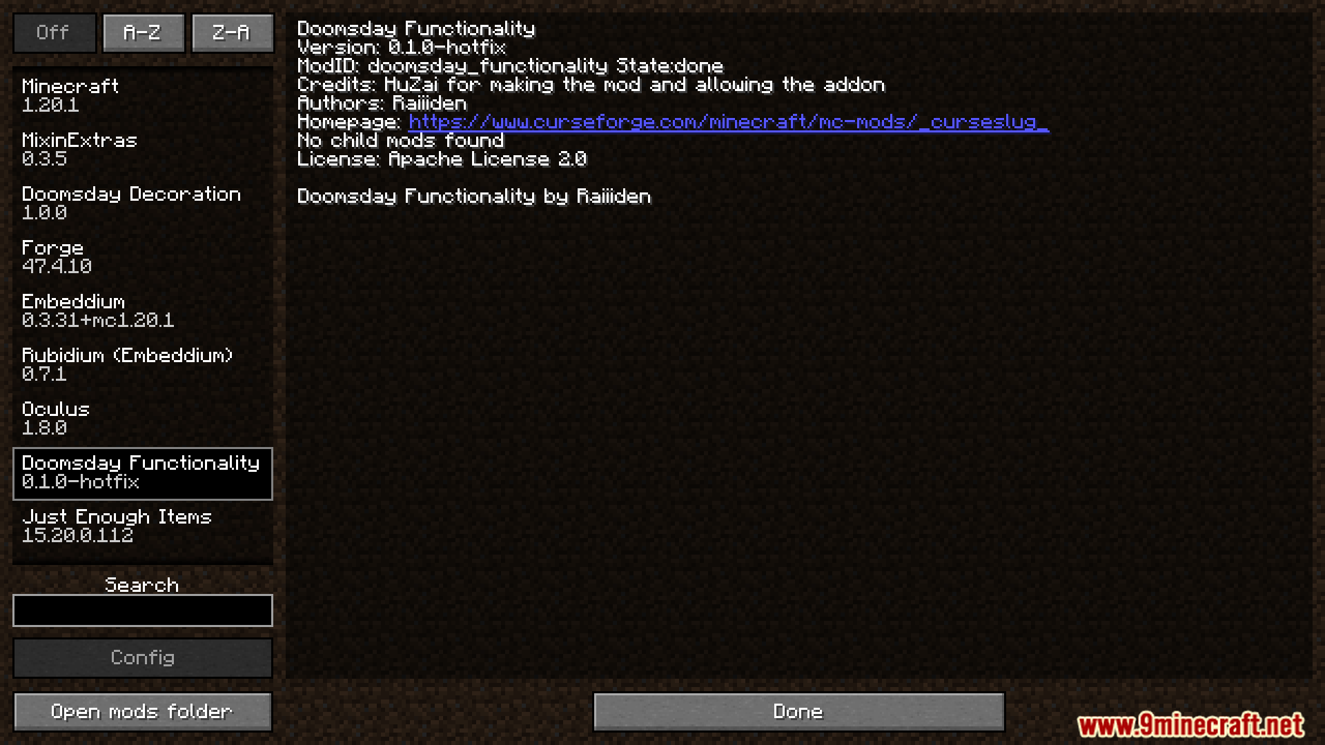 Doomsday Functionality mod information in the mods list