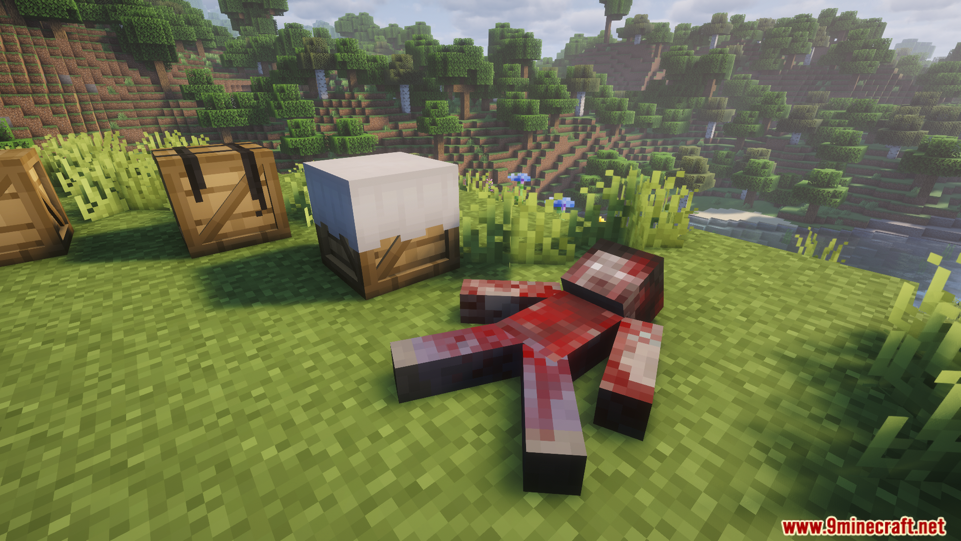 A bloody corpse lies on the grass next to crates