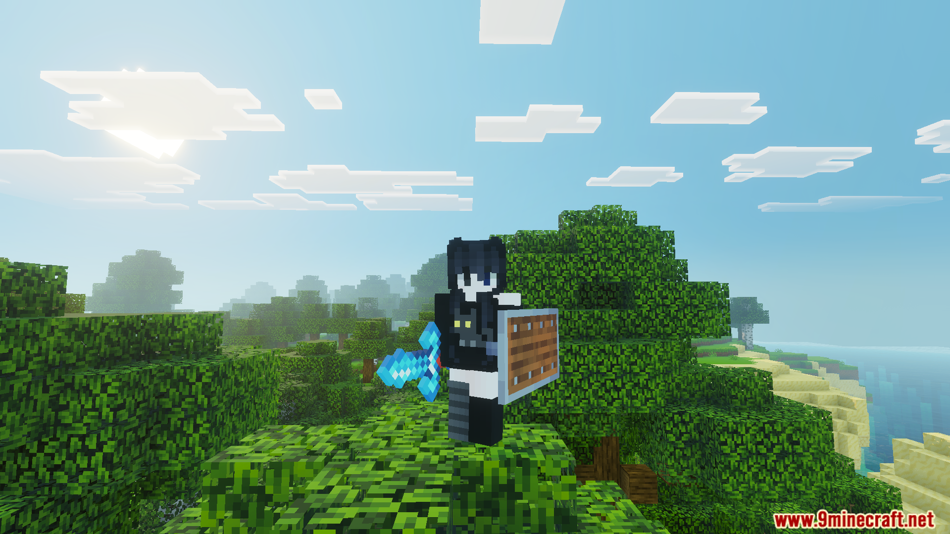 DoubleHands Addon Screenshot 2 Player holding diamond sword and shield in Minecraft Bedrock
