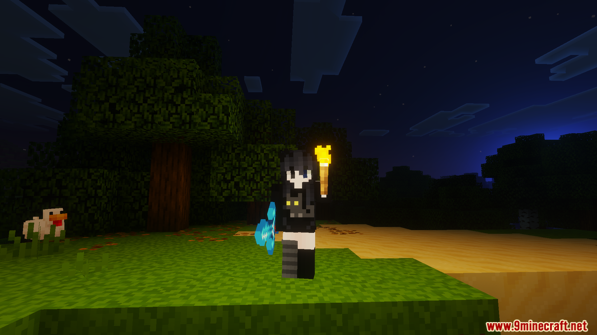 DoubleHands Addon Screenshot 4 Character holding glowing torch in left hand and sword at night time