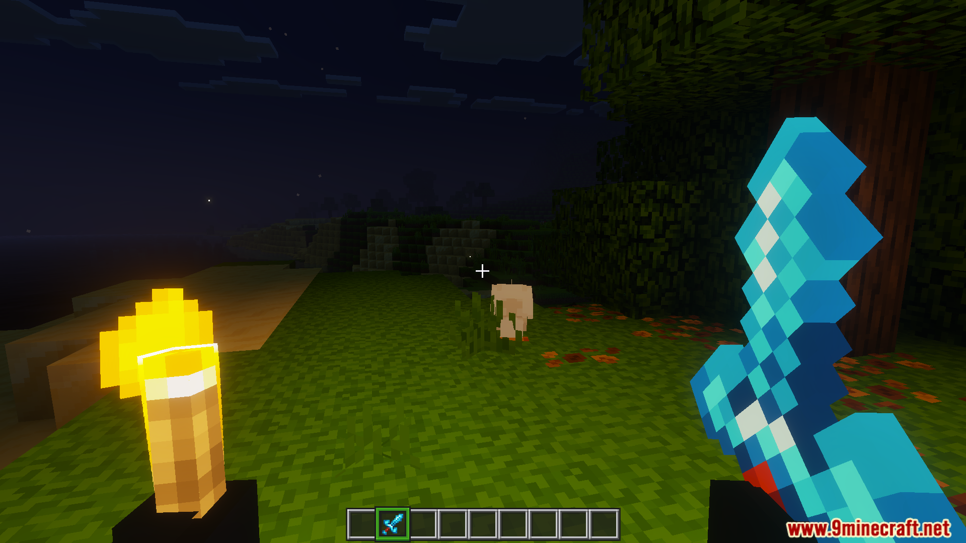 DoubleHands Addon Screenshot 5 player holding glowing torch in left hand to light up the dark area