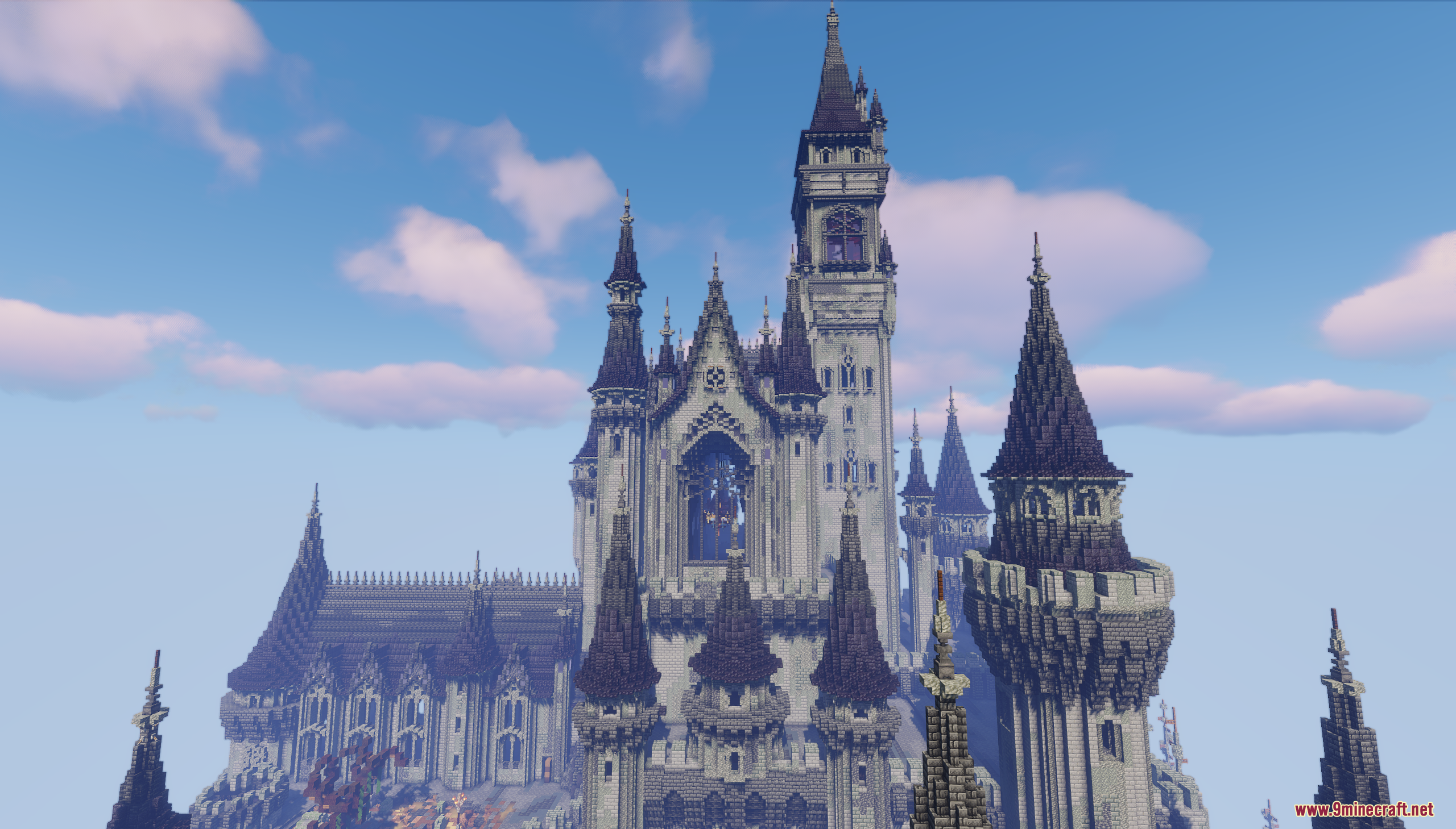 Detailed close view of a massive gothic Minecraft castle with tall dark spires