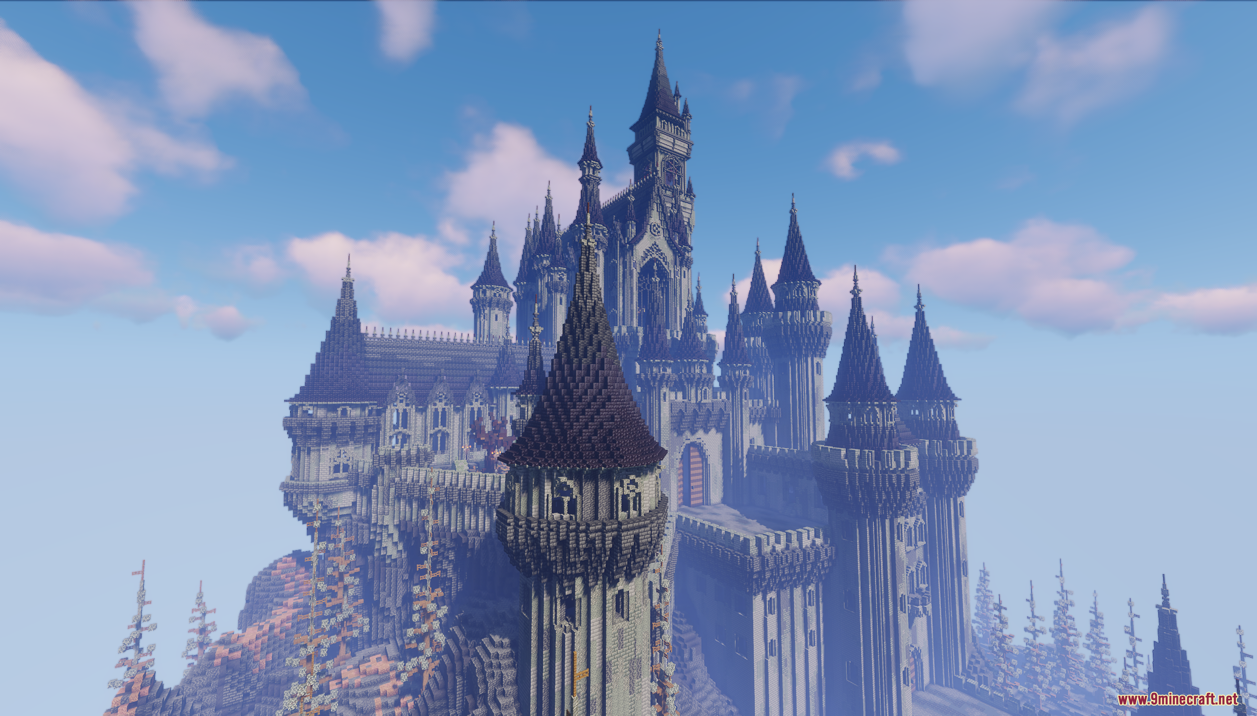 Wide exterior view of a massive gothic Minecraft castle on a rocky mountain