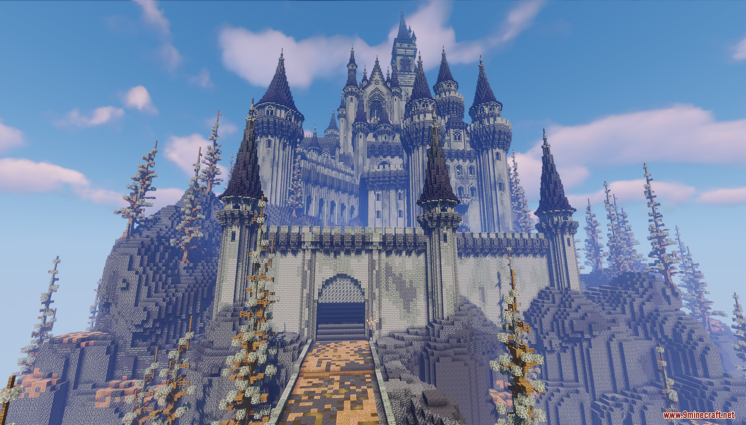 Front view of a huge gothic castle with tall towers and main gate