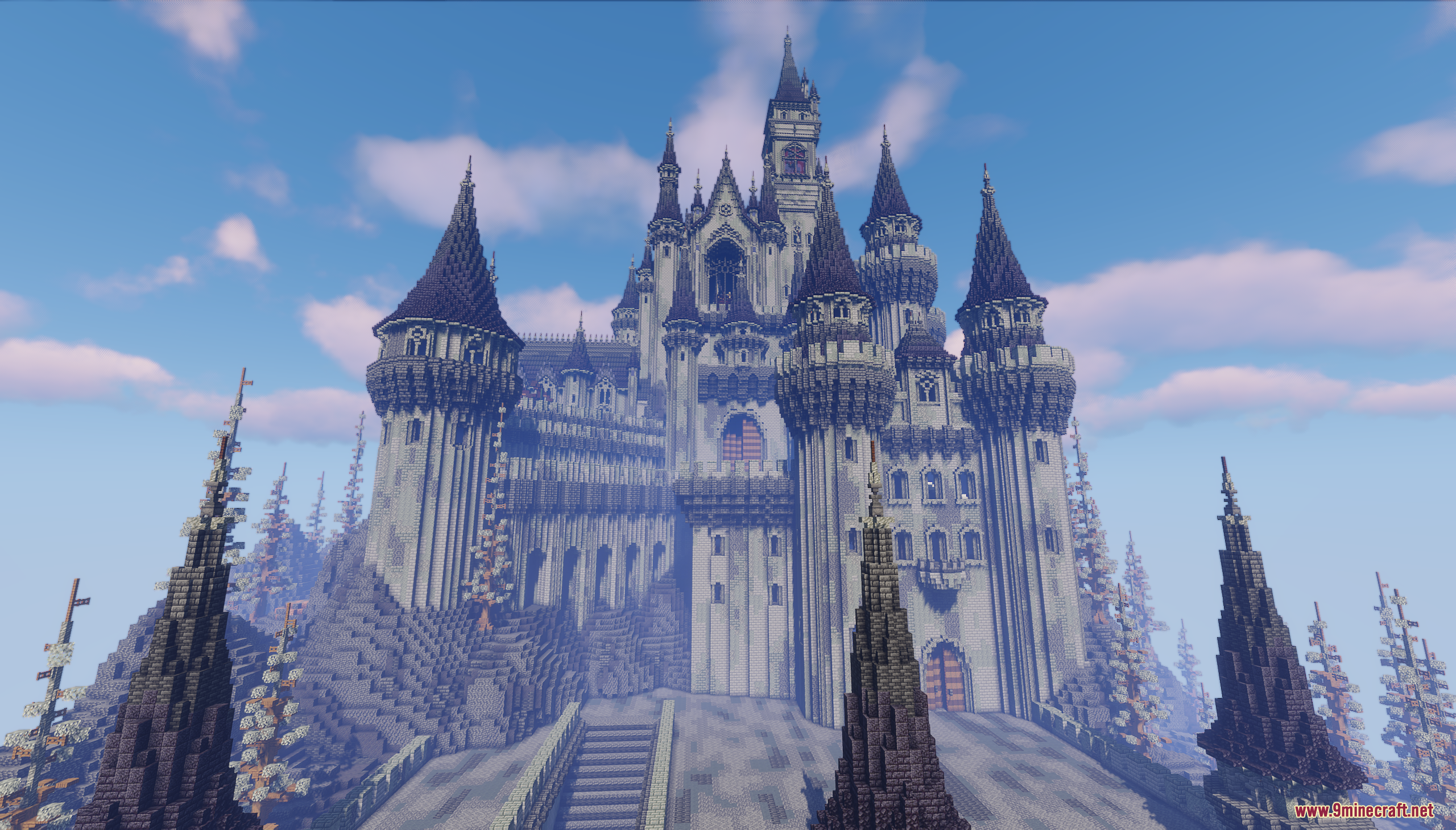 Imposing gothic castle build in Minecraft with tall dark spires and grand entrance