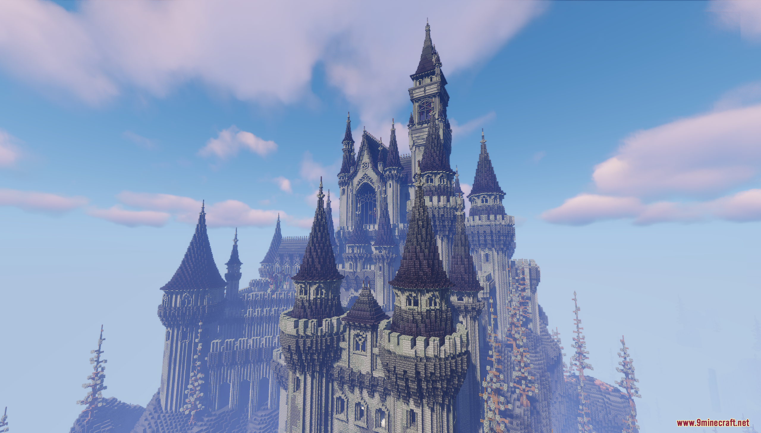 Detailed upper view of the massive Minecraft castle showcasing tall dark tower roofs