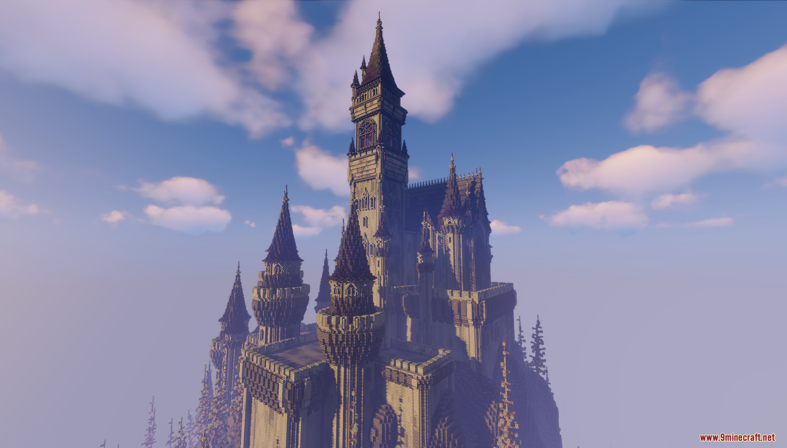 A large, intricate castle built in Minecraft with tall spires and towers