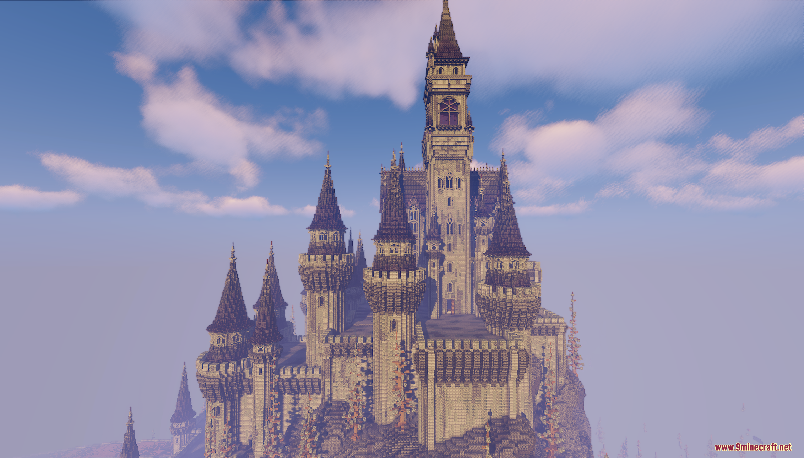 A detailed Minecraft castle featuring multiple towers and a grand central spire