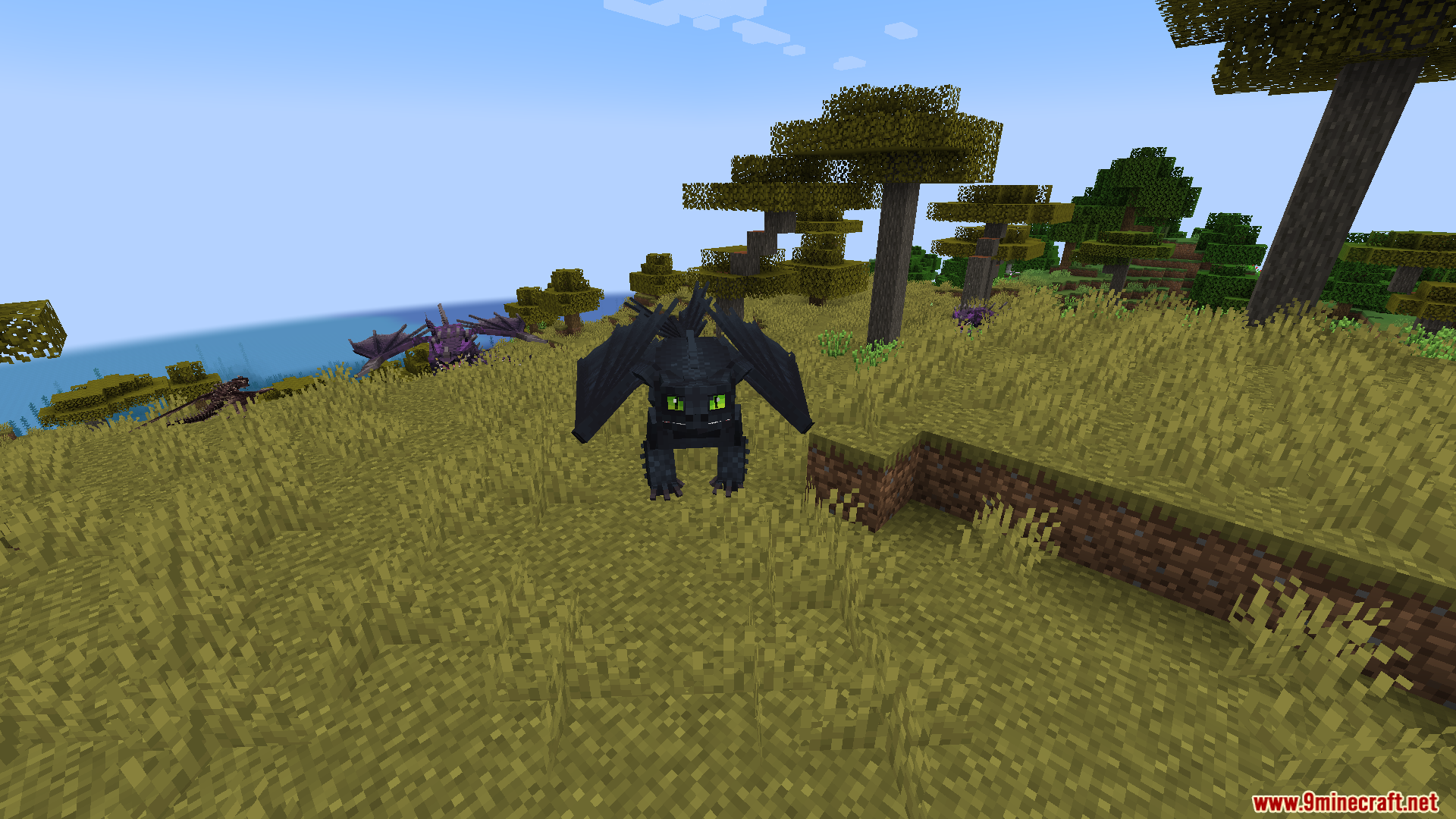 Black Night Fury dragon standing in a grassy field near some trees