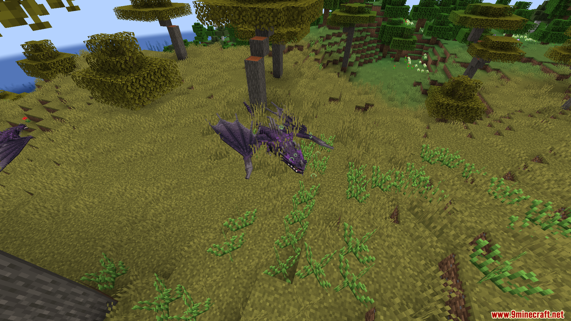 A purple dragon standing in a grassy field surrounded by trees