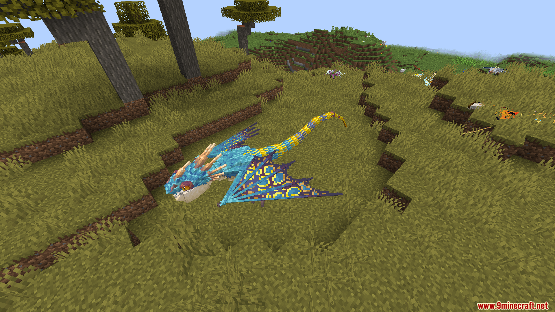A colorful blue and yellow dragon resting on the grassy savanna terrain