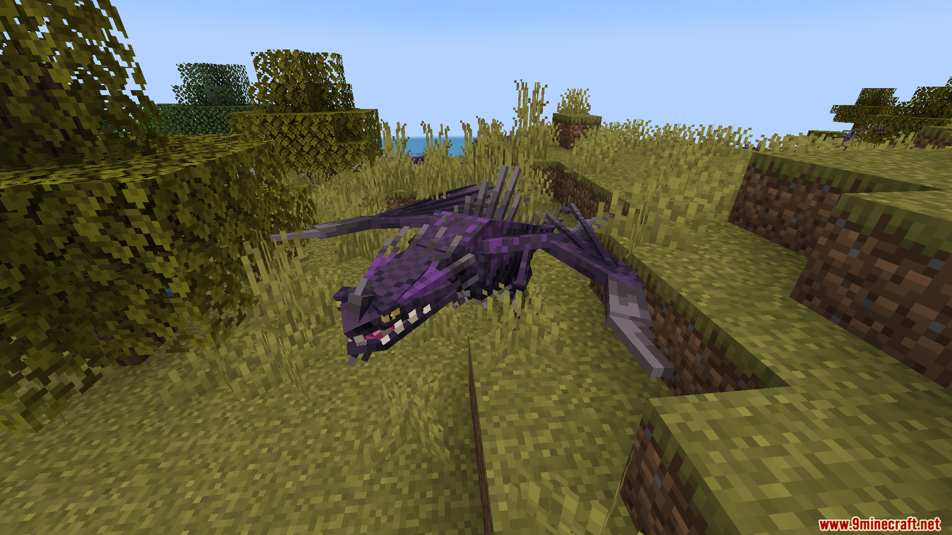 Dark purple spiked dragon variant standing on a grassy block near water