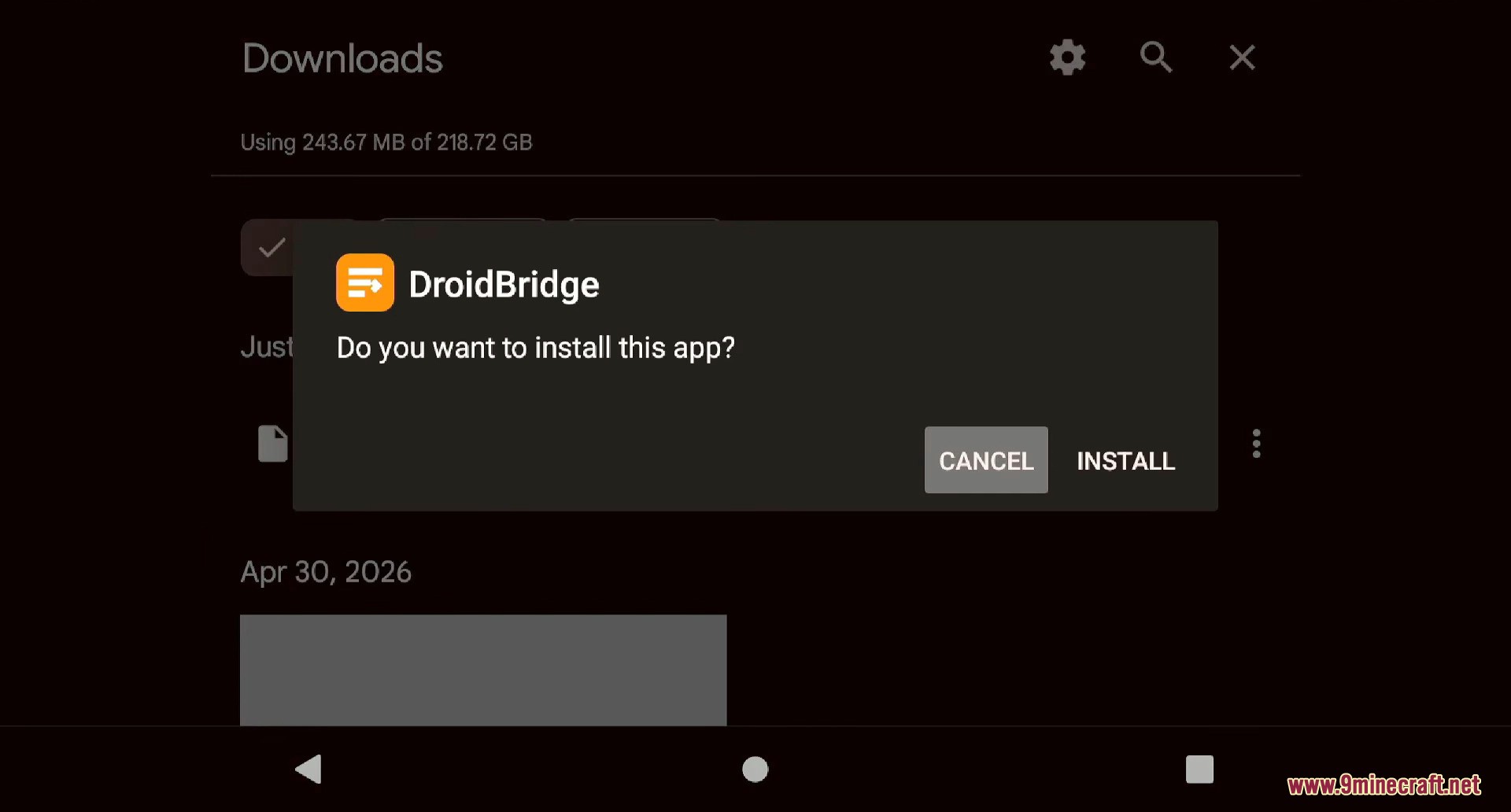 System prompt asking to install the DroidBridge app