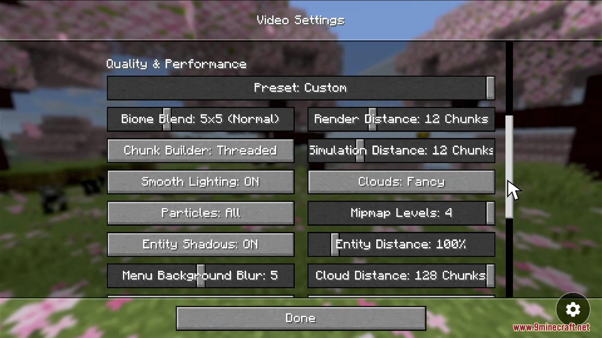 Customizing video settings like render distance and clouds