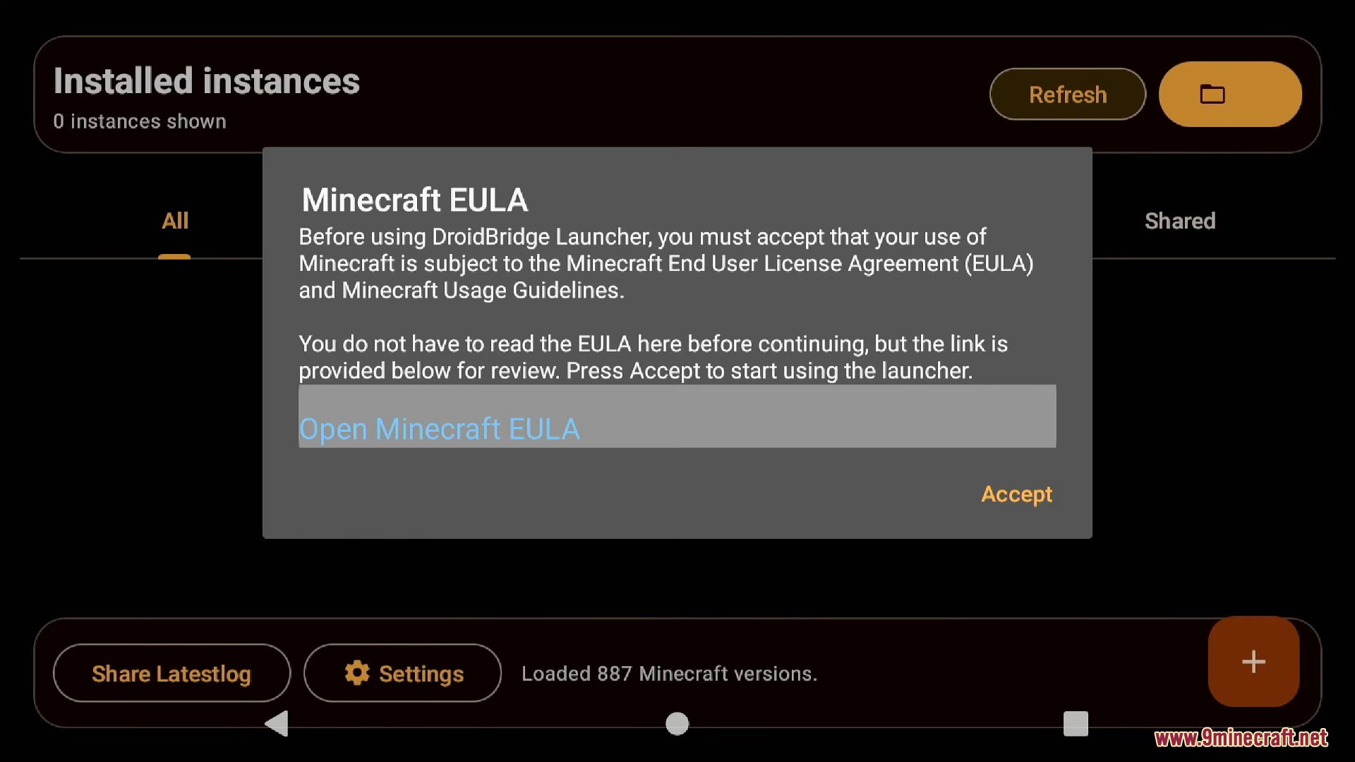 Accepting the Minecraft EULA in the DroidBridge launcher