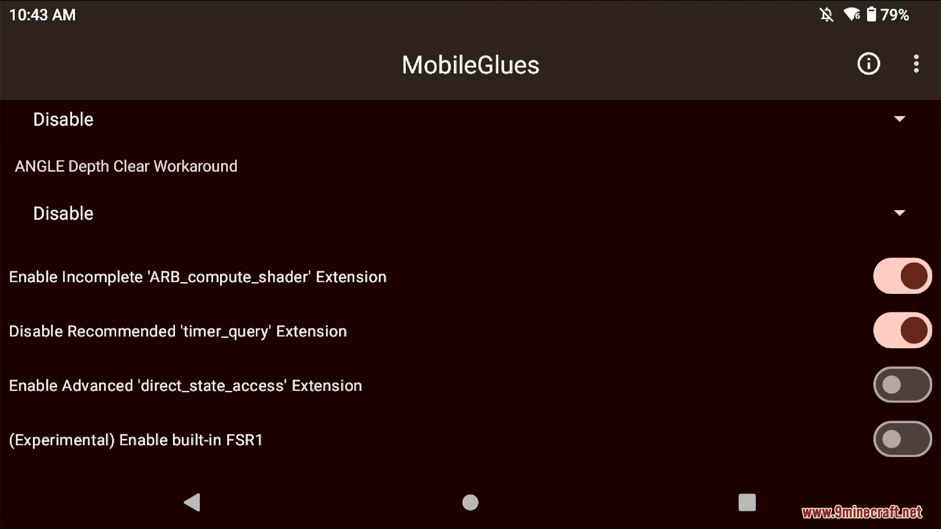 Advanced MobileGlues renderer options with various toggle settings