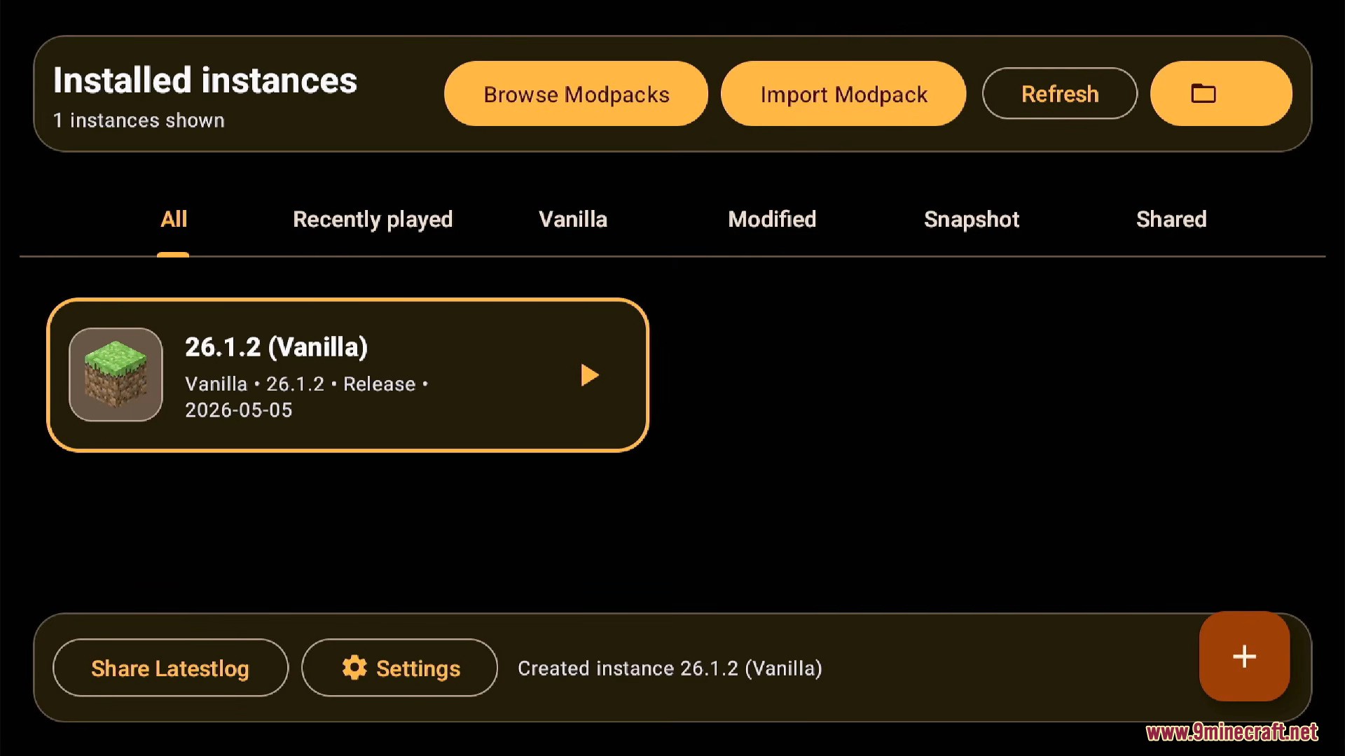 A new vanilla Minecraft instance is successfully created