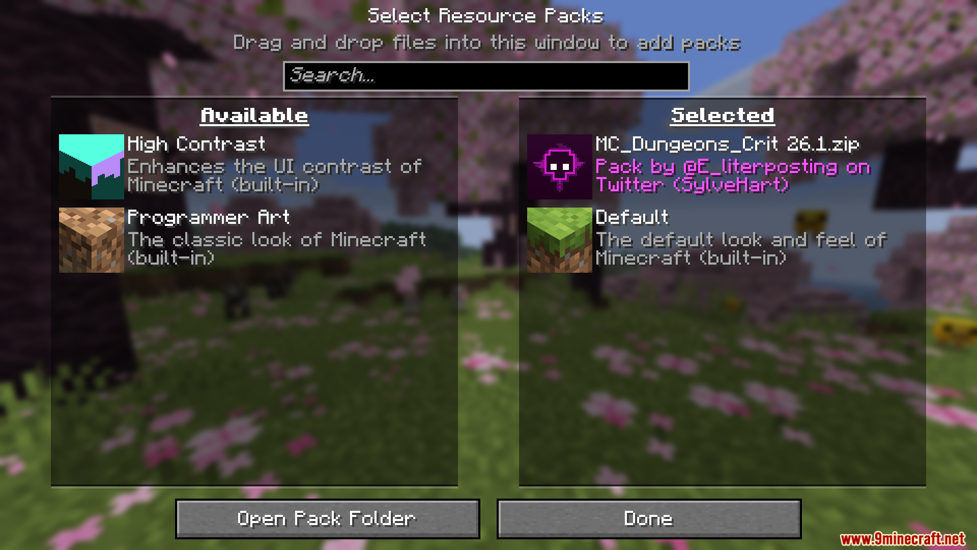 Dungeons Crit Sound Resource Pack Screenshot 1 Resource pack selection screen showing available and selected packs