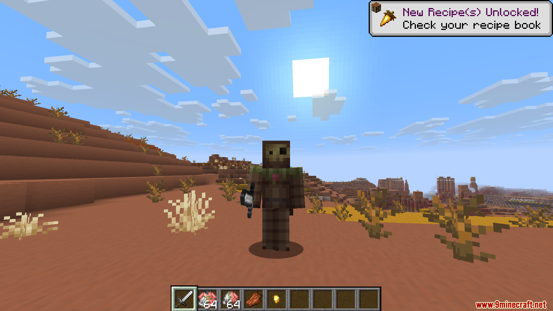 Dungeons Crit Sound Resource Pack Screenshot 11 Player wearing brown armor and holding an iron sword in badlands biome