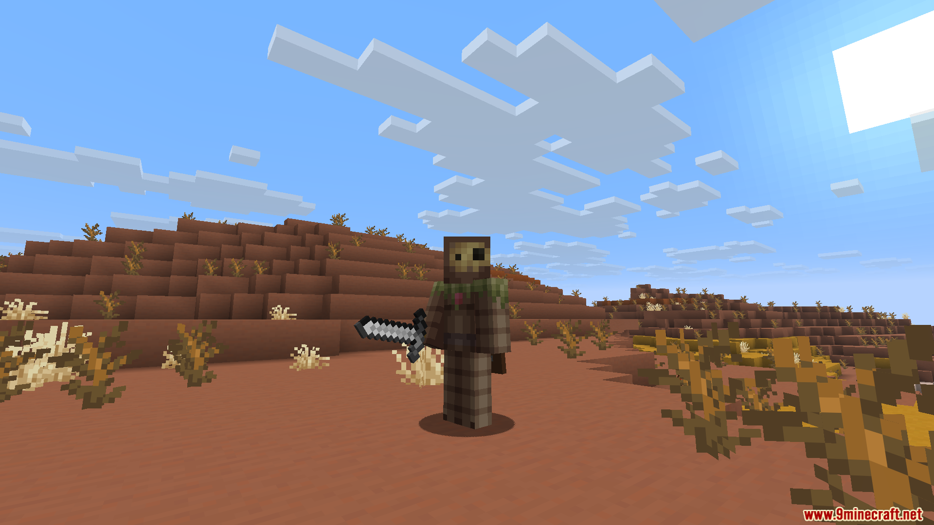 Dungeons Crit Sound Resource Pack Screenshot 12 Character in brown armor holding an iron sword standing in badlands biome