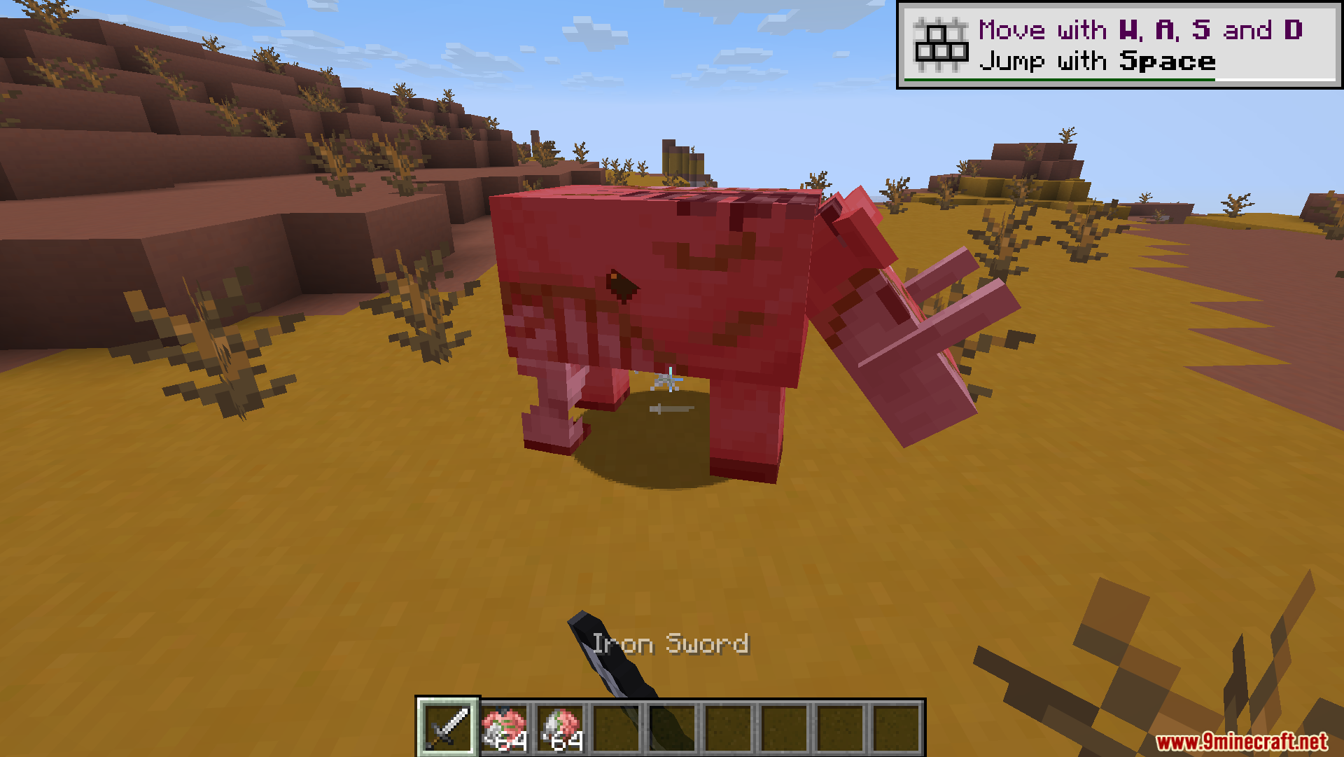 Dungeons Crit Sound Resource Pack Screenshot 2 Player attacking a pig with an iron sword in a desert