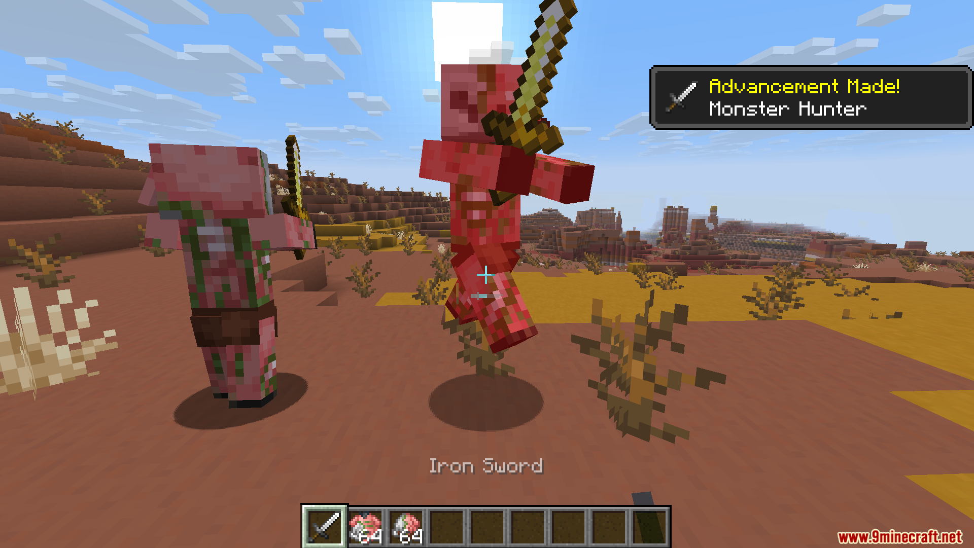 Dungeons Crit Sound Resource Pack Screenshot 5 Player attacking a zombified piglin with an iron sword in a badlands biome