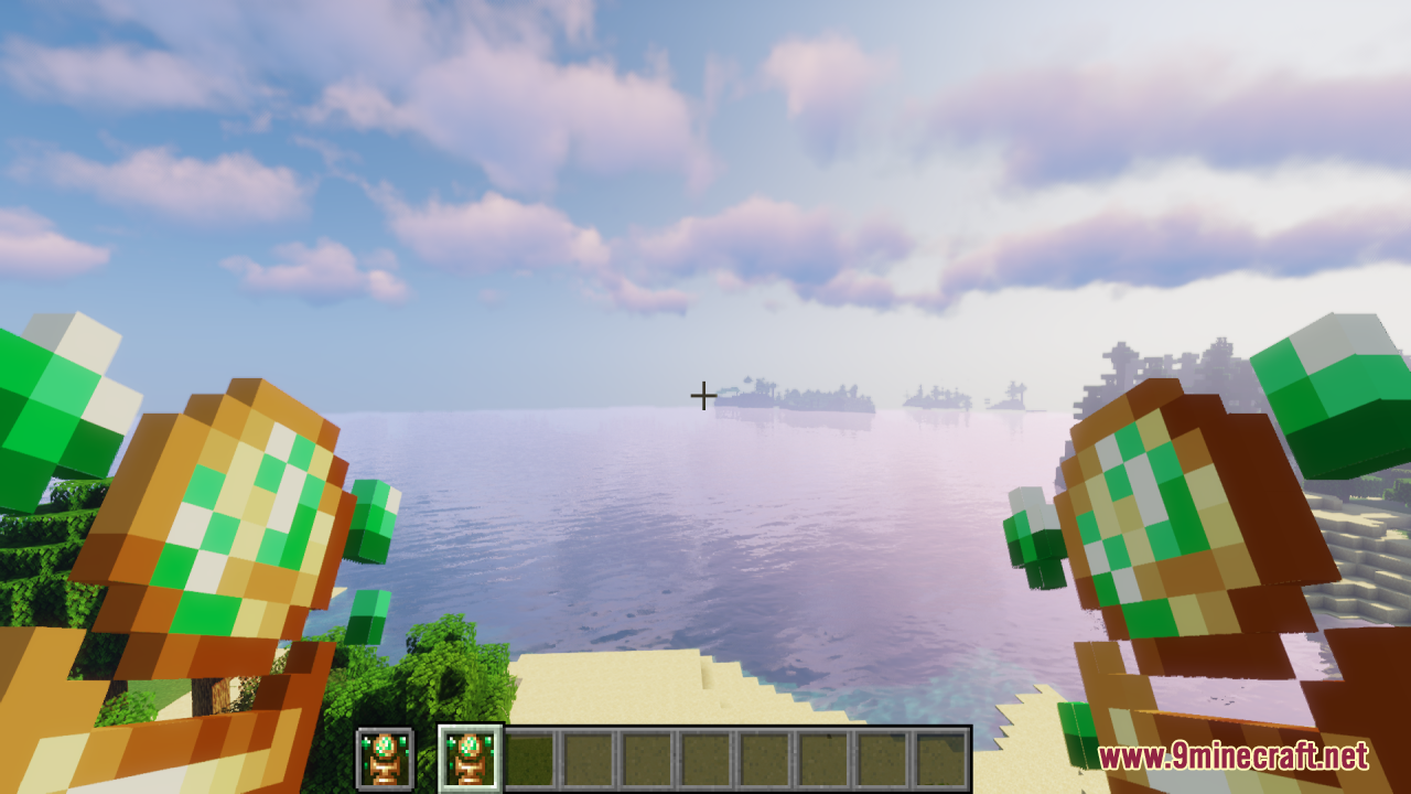 Earth Totem of Undying Resource Pack Screenshot 8 First person view holding two Earth Totems by the ocean