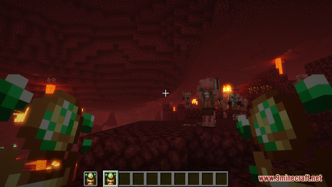 Earth Totem of Undying Resource Pack Screenshot 9 Player holding two custom earth totems facing piglins in the Nether