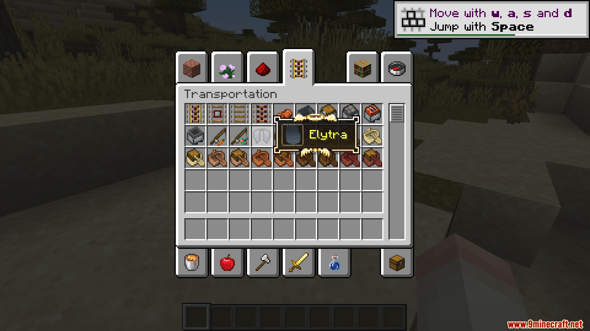 Custom golden winged tooltip border around an Elytra in the creative inventory