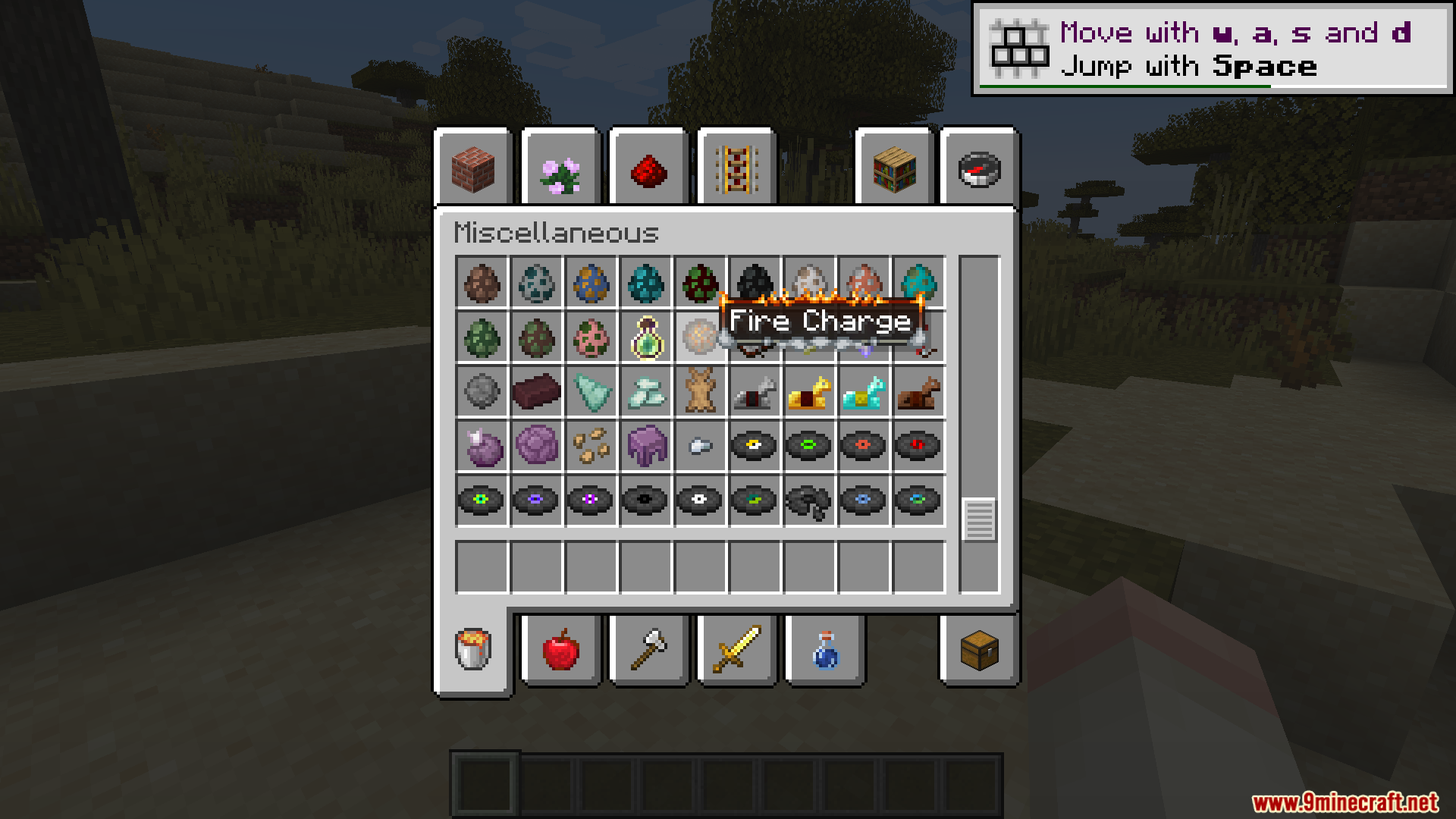 Player viewing a fire charge item with a custom fiery tooltip border