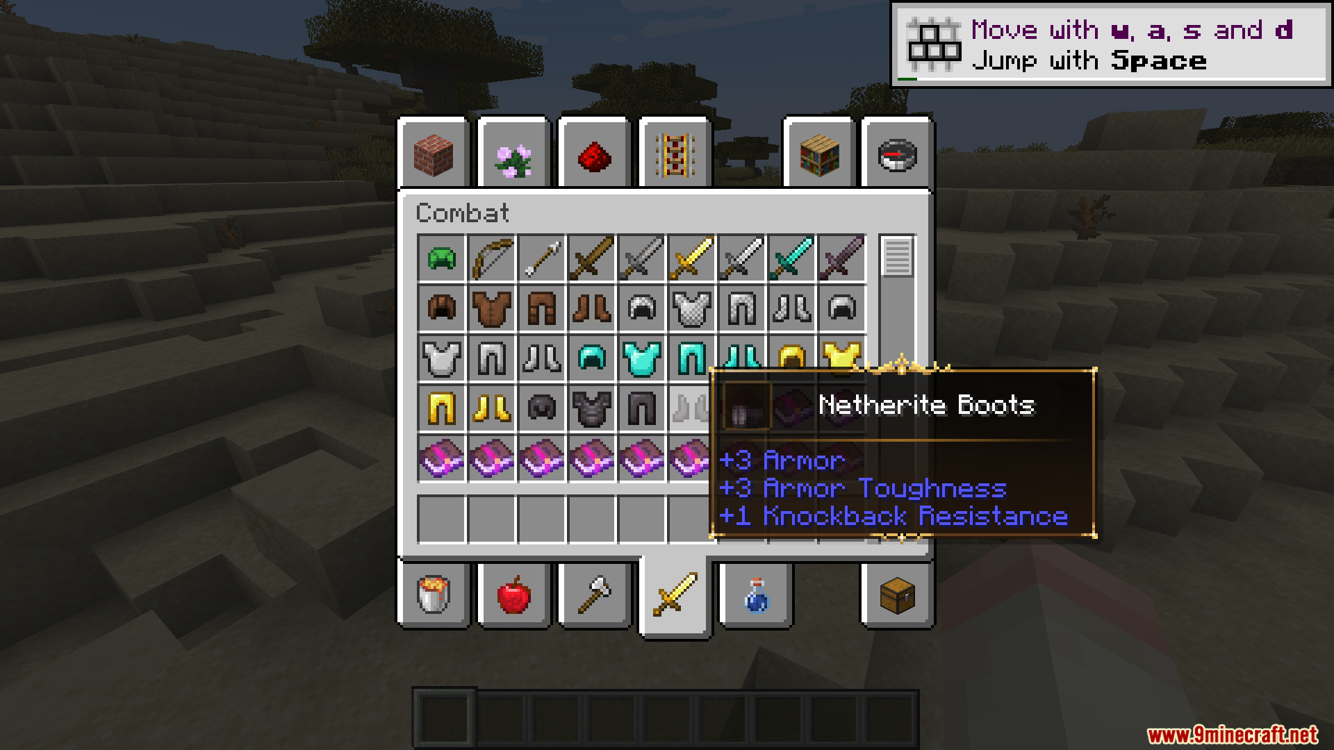 Player viewing Netherite Boots with a custom decorative tooltip frame in inventory