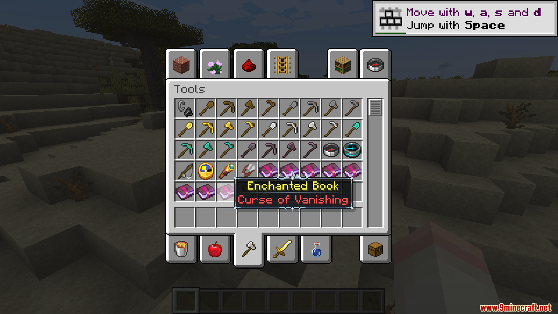Player viewing an enchanted book tooltip with a custom border in creative inventory