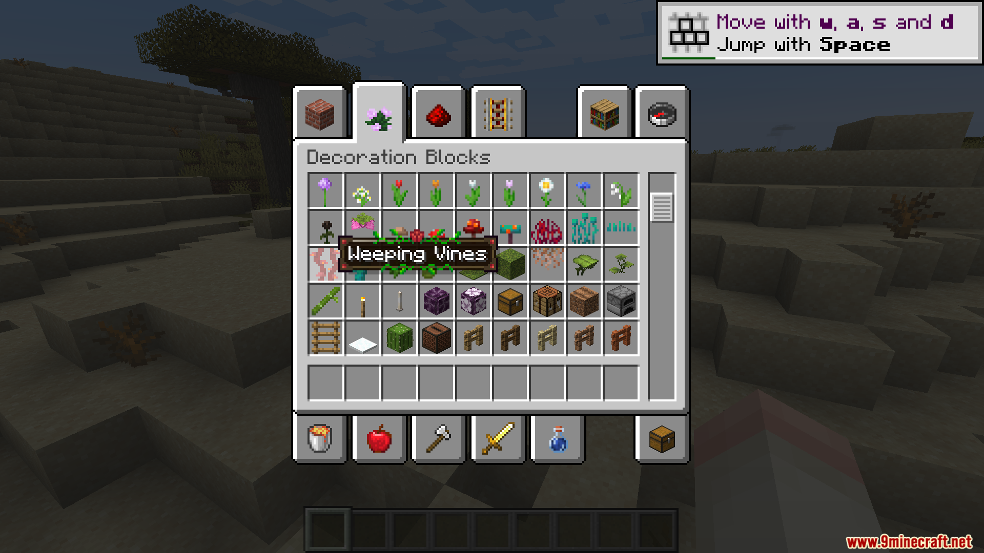 Player viewing a weeping vines tooltip with a custom vine border in inventory
