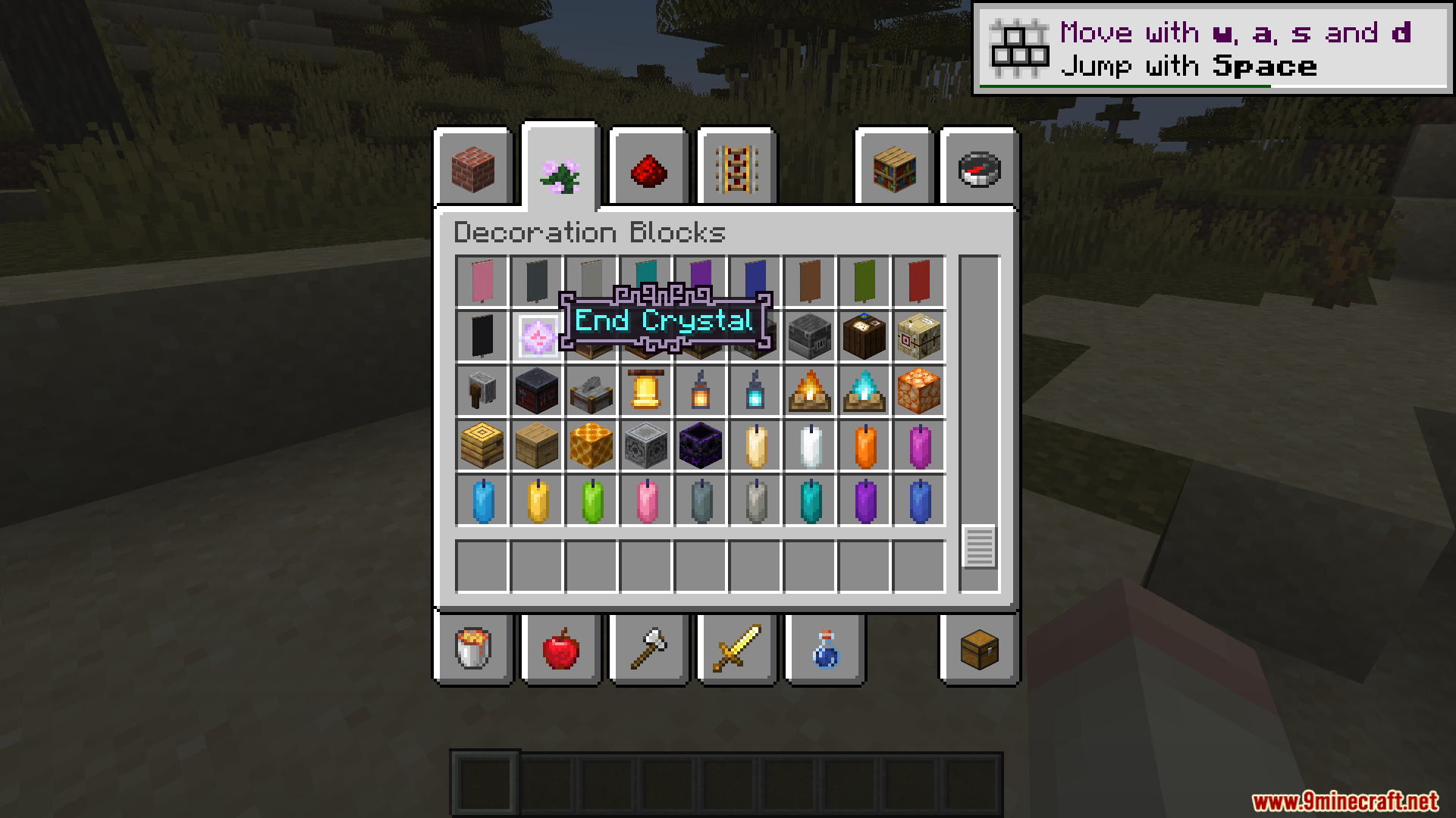 Custom purple tooltip border around an End Crystal in the creative inventory