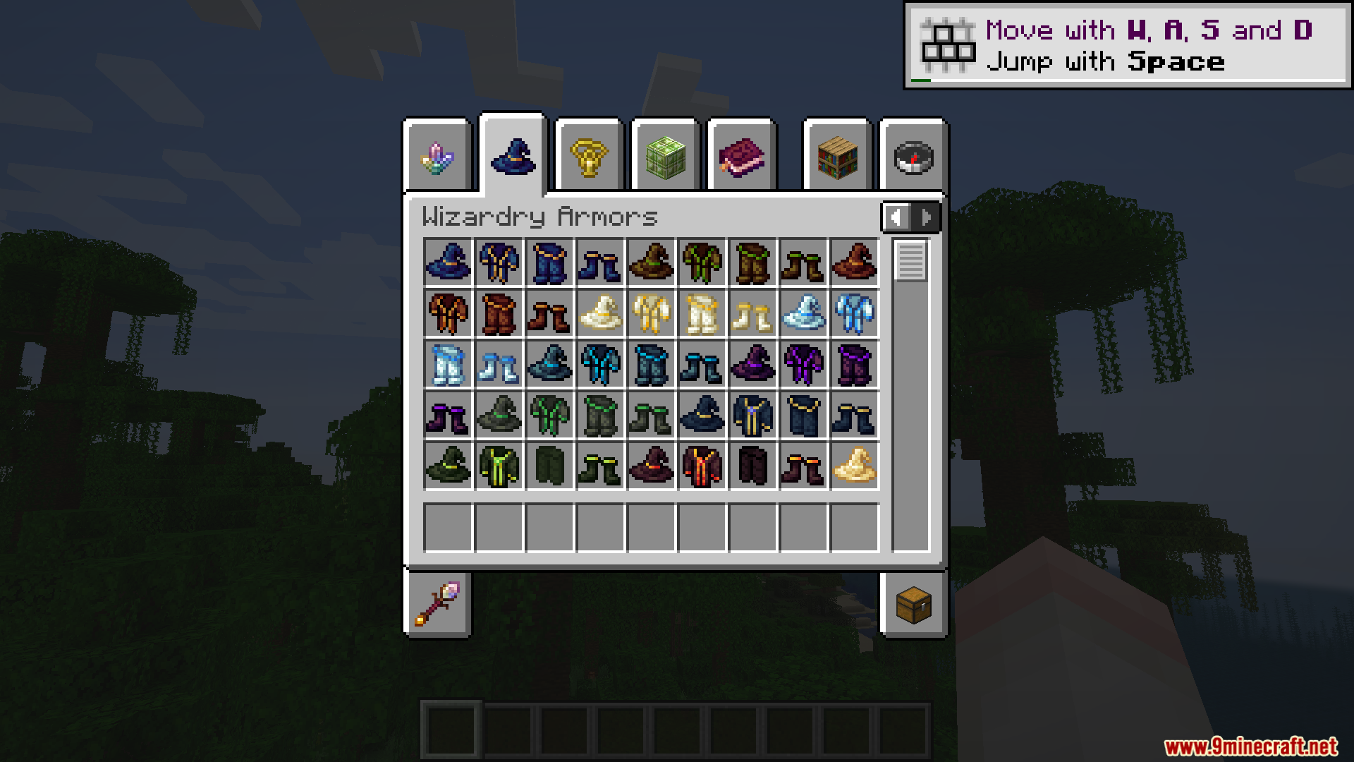 Player viewing the creative inventory tab filled with different wizardry armor sets