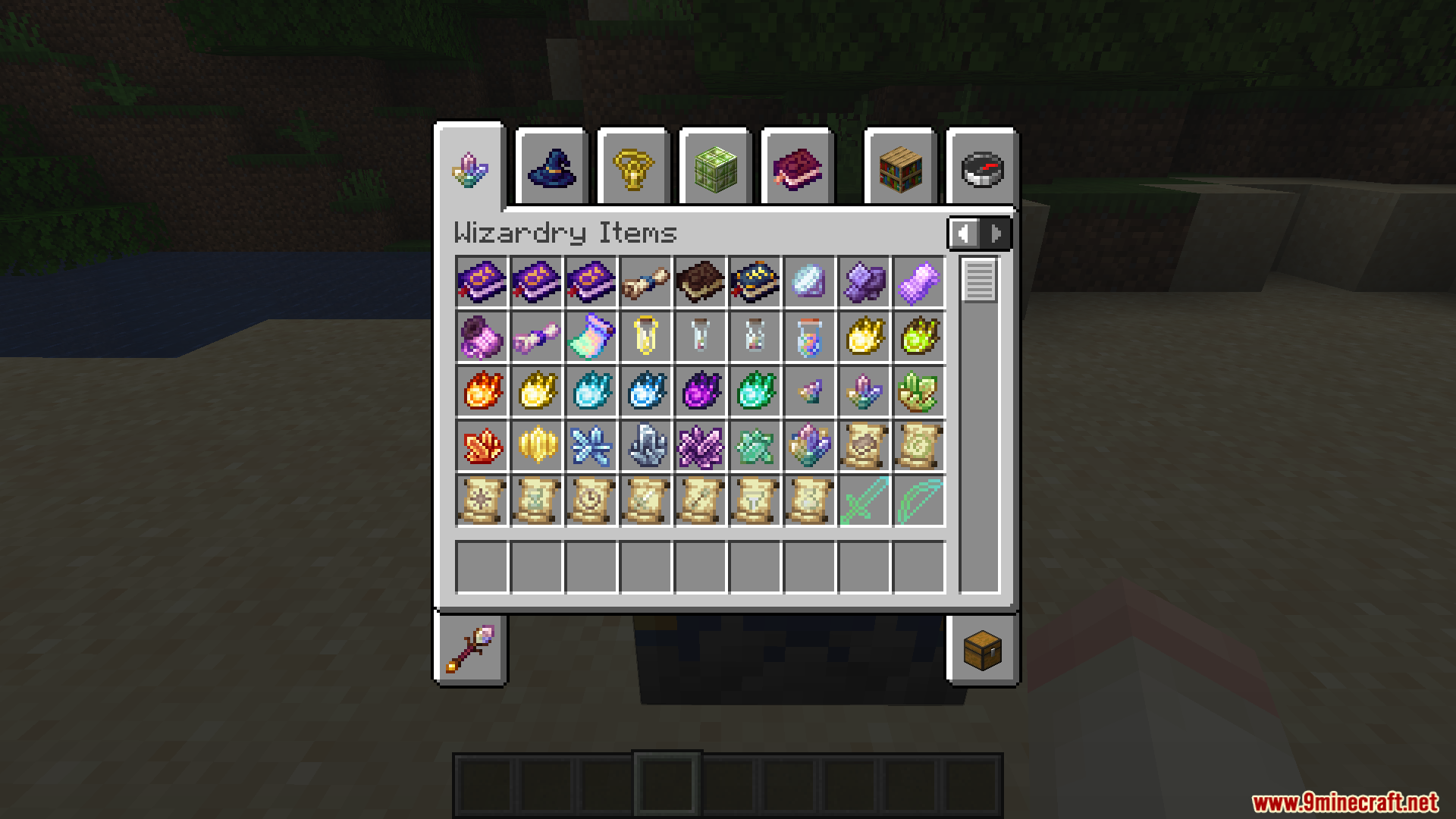 Creative inventory menu displaying various wizardry items like spell books and crystals