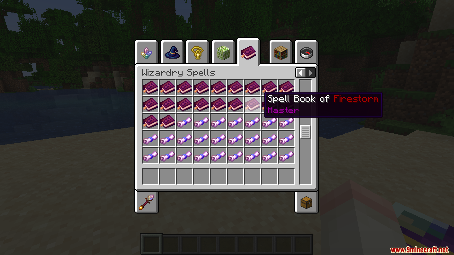 Viewing the Wizardry Spells creative tab with the Spell Book of Firestorm