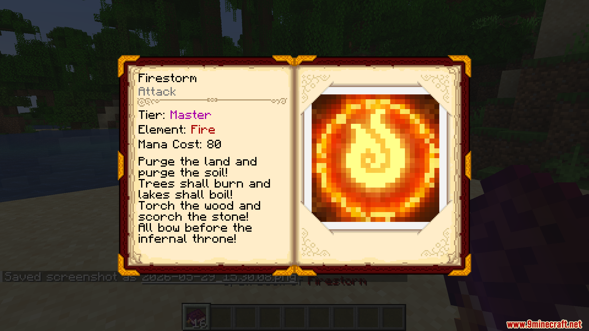 Open spell book displaying the stats and description for the master Firestorm spell