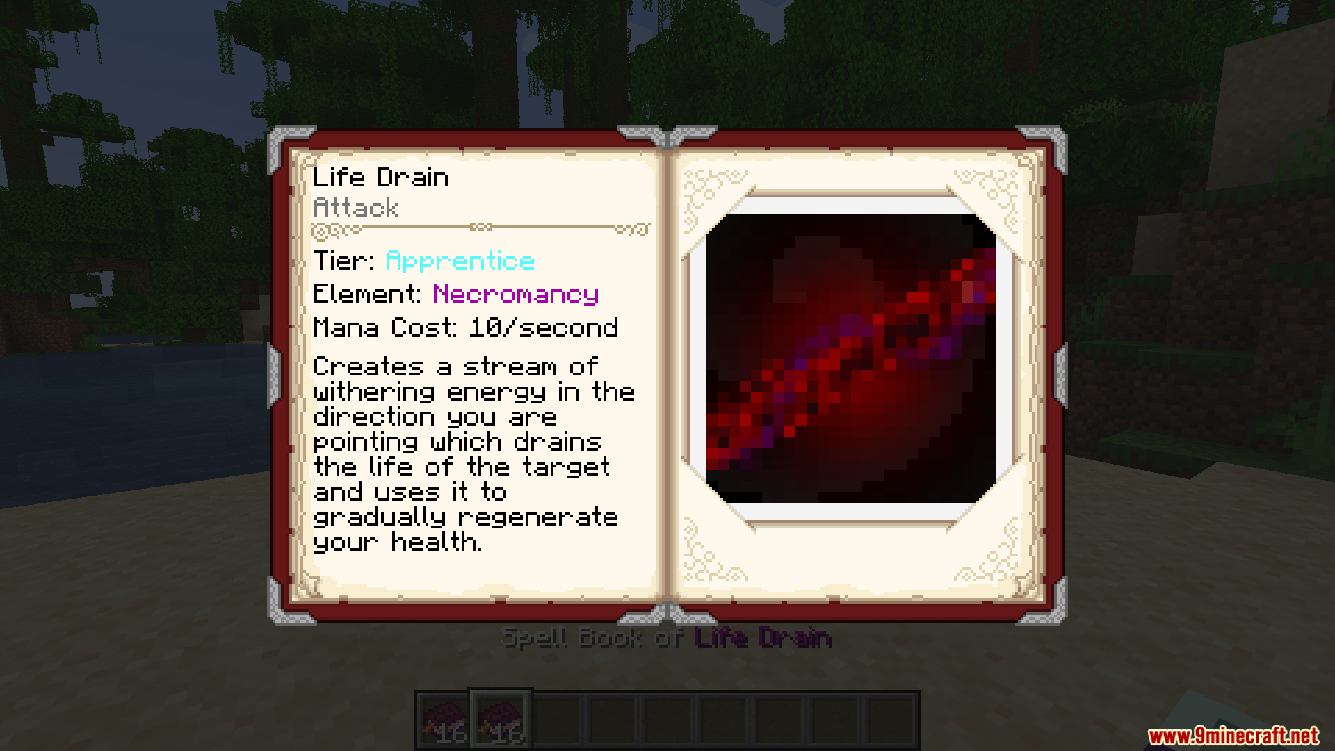 Open spell book showing the Life Drain necromancy spell details and mana cost