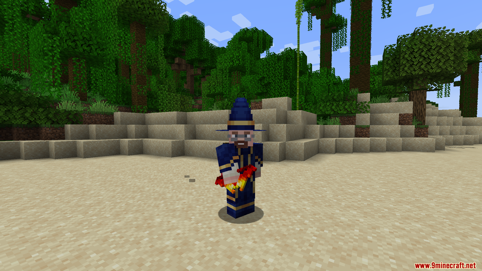 Player wearing blue wizard robes and hat holding a fiery magic wand