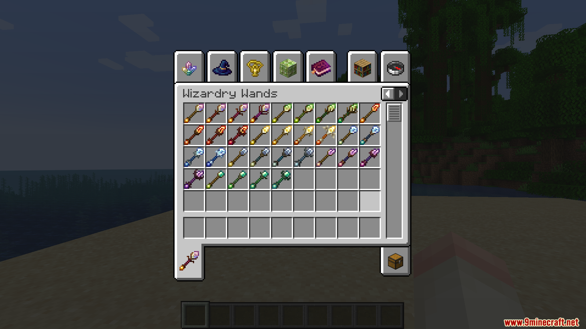 Minecraft creative inventory tab showing a large collection of different magical wands