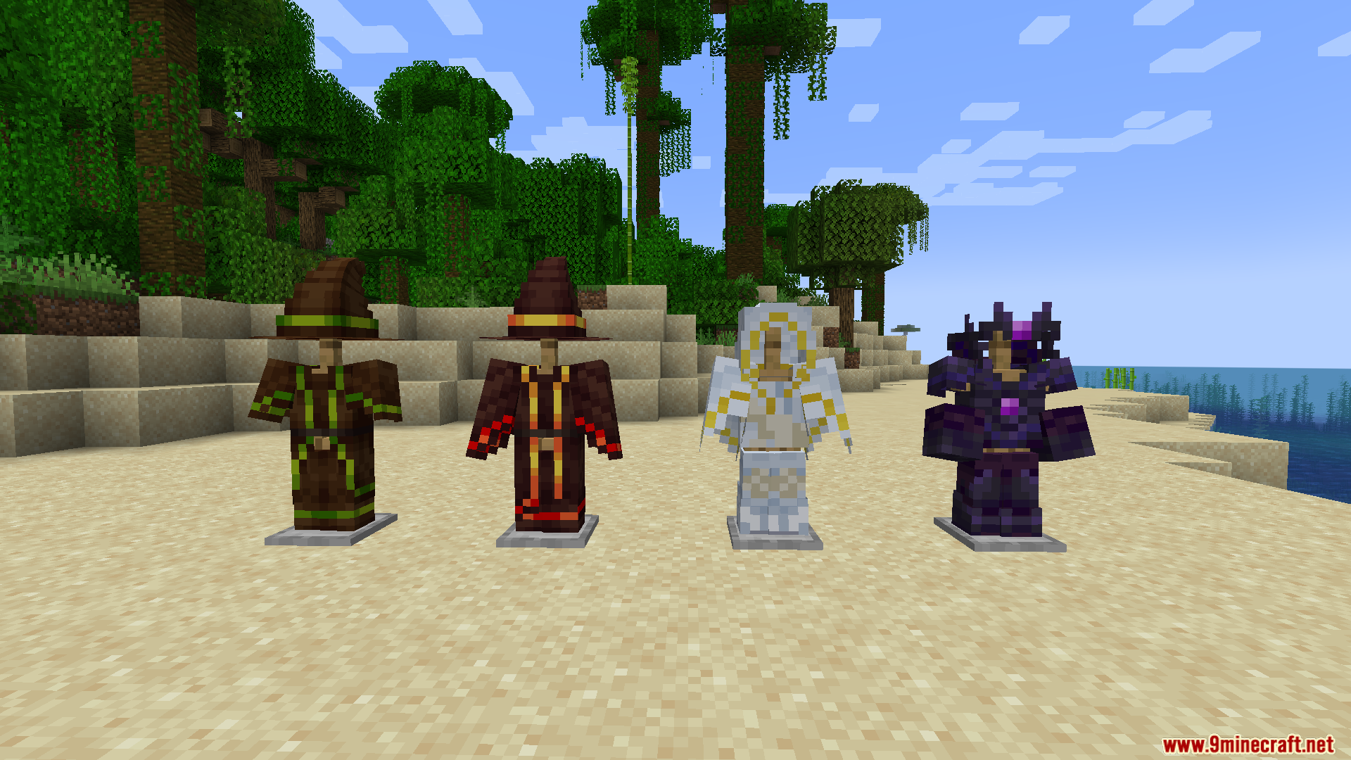 Four different sets of magical elemental armor displayed on stands on a beach