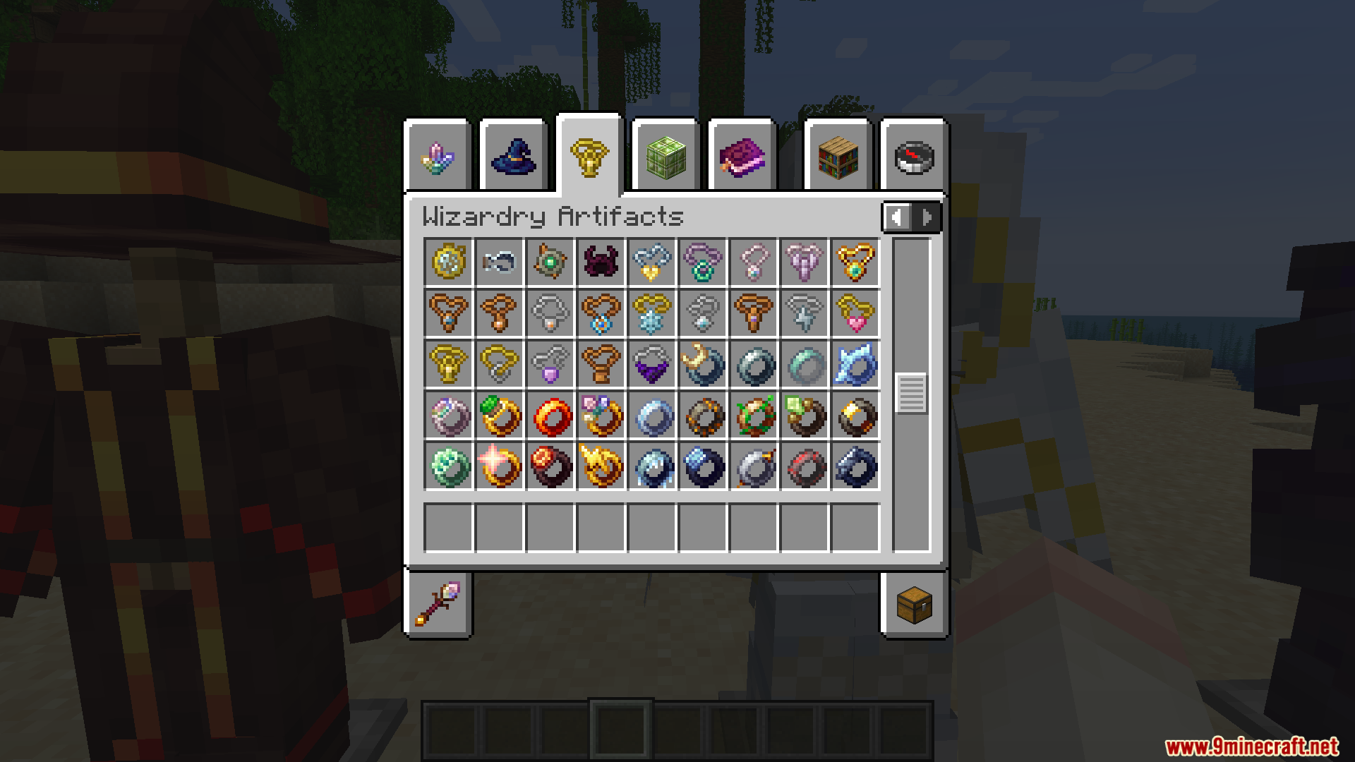 Creative inventory menu showing a large collection of magical wizardry artifacts